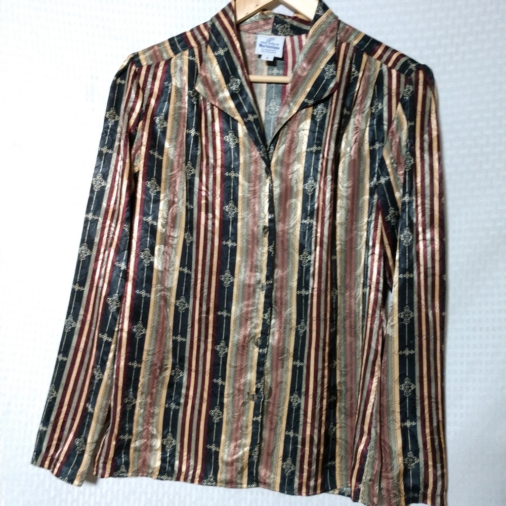 Vintage Blouse Vertical Stripe Multicolor Shiny Size Small Chest 36" Career